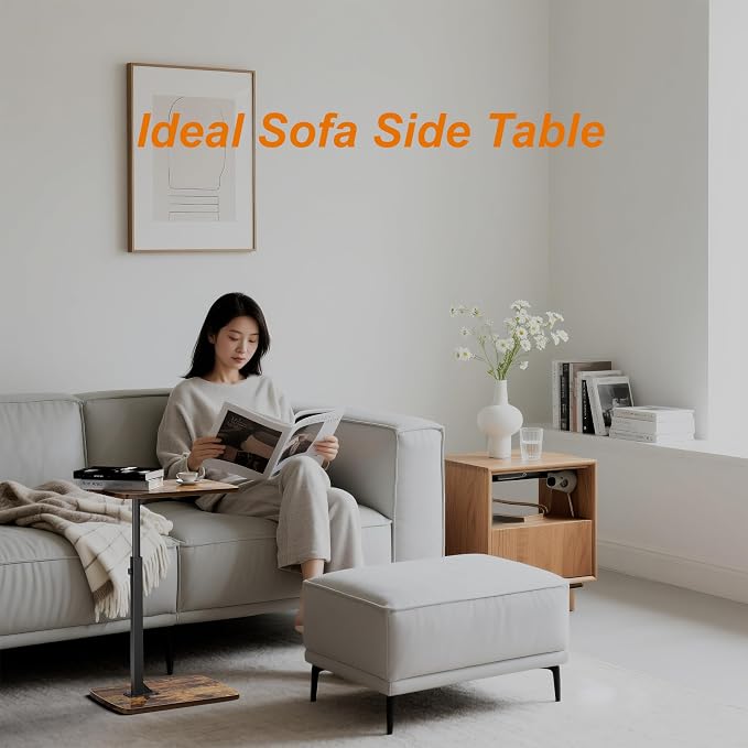 TV Tray Table for Small Spaces with 360° Swivel Tabletop & Height Adjustable,C Shaped Sofa Arm End Side Table, Bed Tray Stand for Eating Laptop,Living Room, Bedroom,Breakfast (Wood Base)