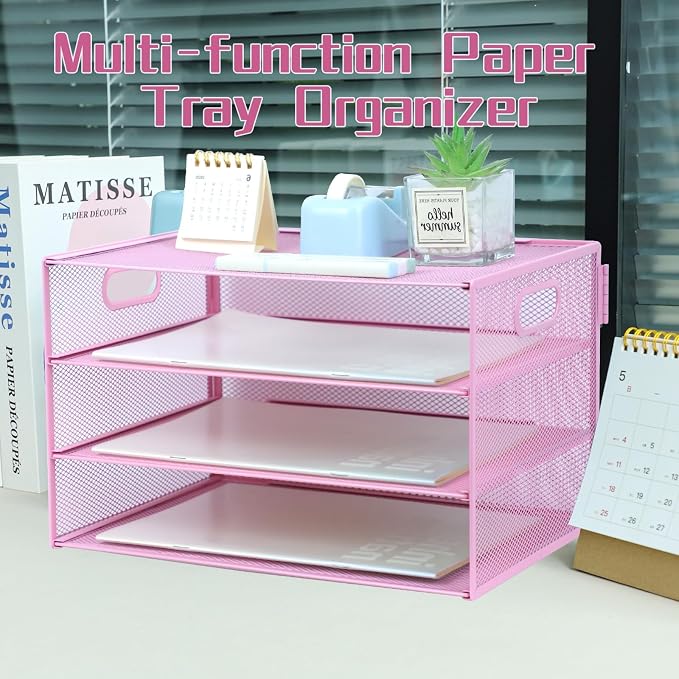 3 Tier Lettrer Tray Organizer, Metal Mesh Desk File Organizer with Sliding Trays, Paper Sorter Desk Organizer for Home Office School, Pink