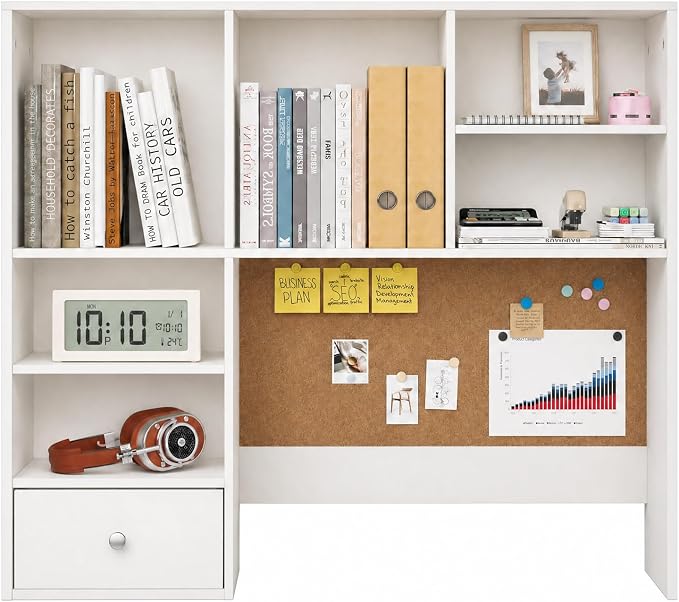 White Desk Hutch with Cork Board for Photos and Reminders, Dorm Desk Hutch with Drawers and Shelves, Desktop Bookshelf for College Dorm, Student Bedroom, Compact Study Spaces