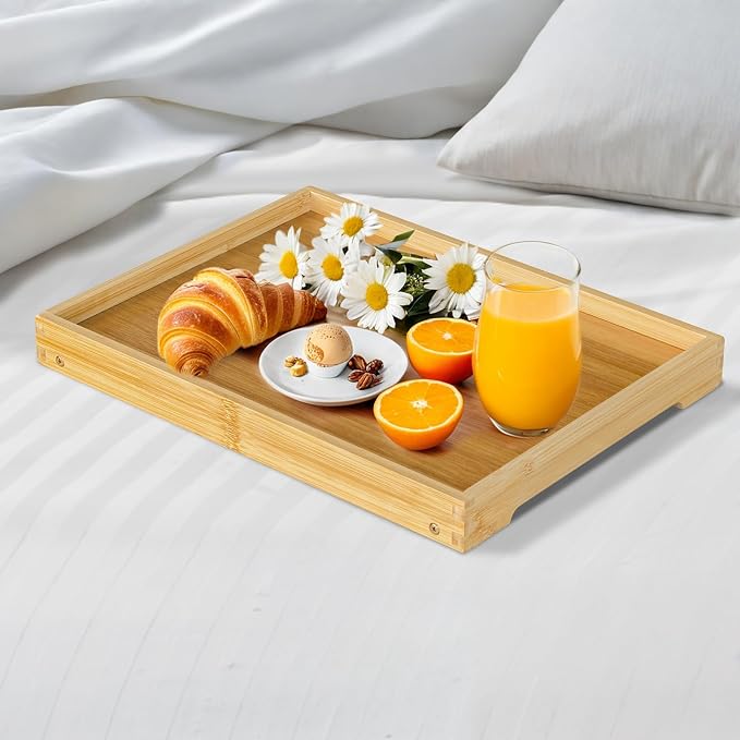 RRX Bamboo Bed Tray Table with Folding Legs, Breakfast Tray, 2 Pack (Beige) | Bed Trays for Folding Table Eating, Kitchen Serving, Food, Sofa, Snacking or Working, Laptop Desk Dinner, Snack Tray