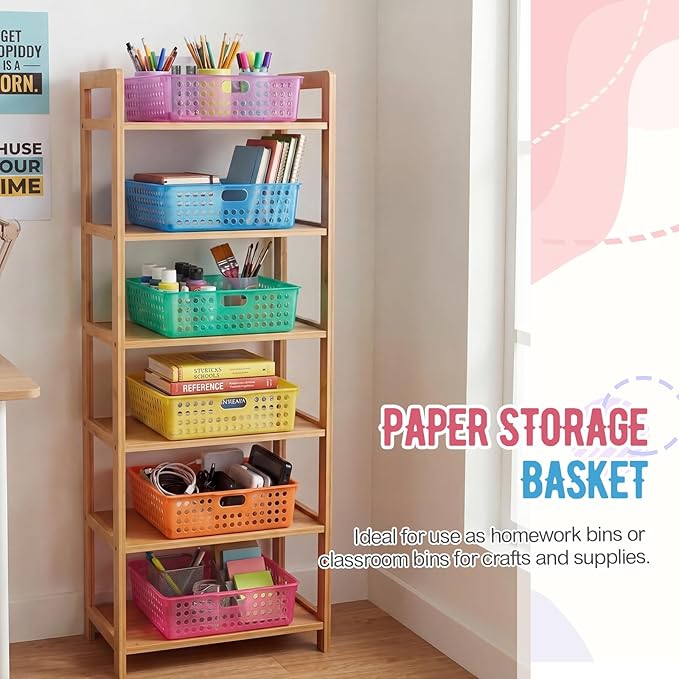 Geetery 12 Pack Classroom Storage Baskets with Handle 14''x10'' Paper Tray Holds A4 Turn in Trays Plastic Paper Baskets Desk Organizer Bin for Classroom, Library, Office, Home (Translucent Colors)