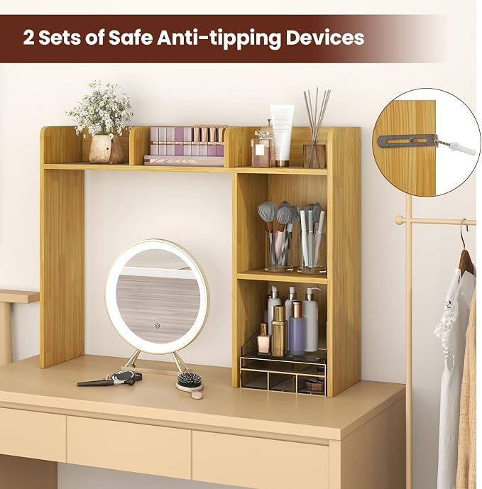 MAT EXPERT Desk Organizer, Wooden Desktop Shelf for 27 Inch Monitor with 5 Shelves & Non-Slip Foot Pads, Anti-Tipping Device, Multipurpose Desk Hutch for Study, Office, Dorm (Oak)