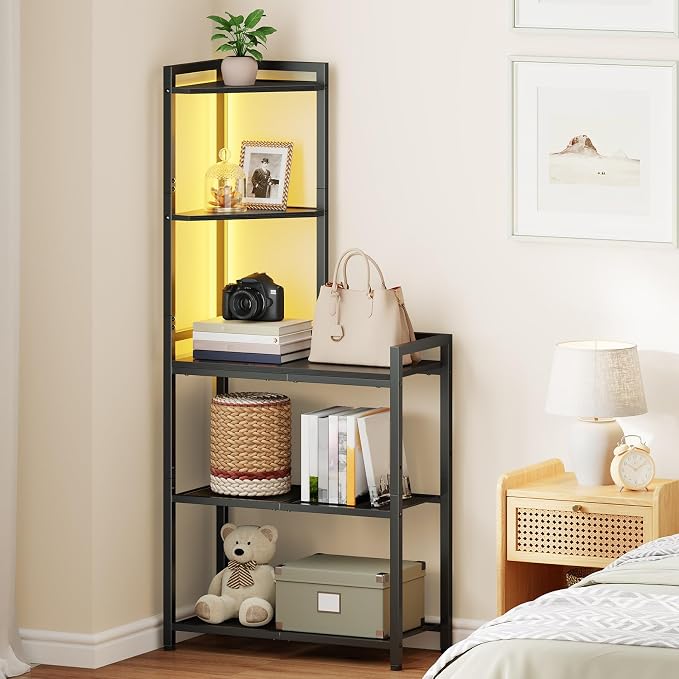 HOOBRO 5-Tier Corner Shelf Stand, Corner Shelf with LED Light, 56.3" Tall Corner Bookshelf, Display Rack Storage Organizer with Table, for Small Spaces, Living Room, Entryway, Black BB69DCJ01