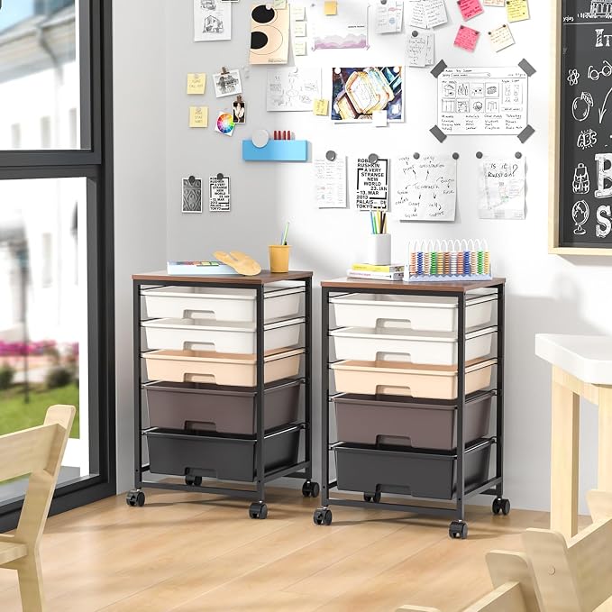SYKIARIOL Utility Cart with 5 Drawers,Storage Drawer Cart with Wooden Tabletop and Lockable Wheels,Craft Storage Trolley Cart,5-Tier Rolling Utility Cart on Wheels,Dark Brown