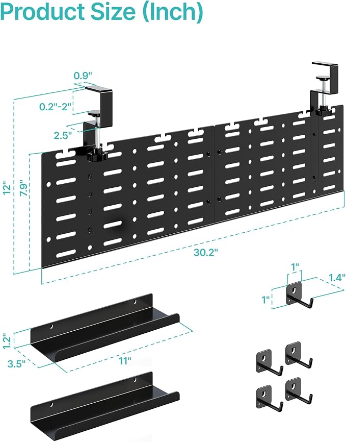 PEGZONE Under Desk Cable Management Tray, 30.2" Vertical Pegboard Organizer for Power Strip & Cords, with Hooks, Trays & Straps, No-Drill C-Clamp for Home Office, Black