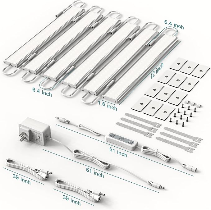 ASOKO Under Cabinet Led Light Plug in, Dimmable Daylight White 4000K, 6 Pack 12 inch Linkable Under Counter Lights 2500lm for Kitchen, Shelf, Workbench, Cupboard, Upgrade ETL Listed Plug 24V