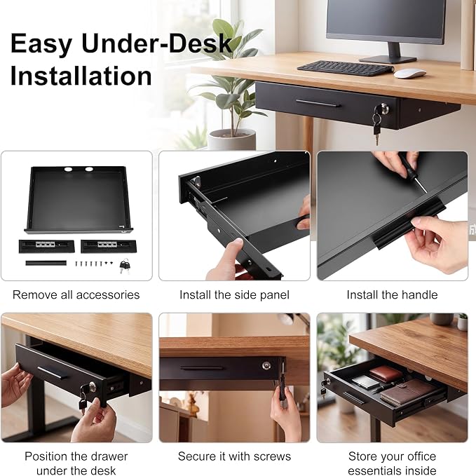 Menkxi 18'' x 12'' Under Desk Drawer Slide Out Storage Organizer, Lockable Metal Desk Drawer for Laptop and Office Accessories, Large Hidden Under Table Storage Box with Cable Management, Black