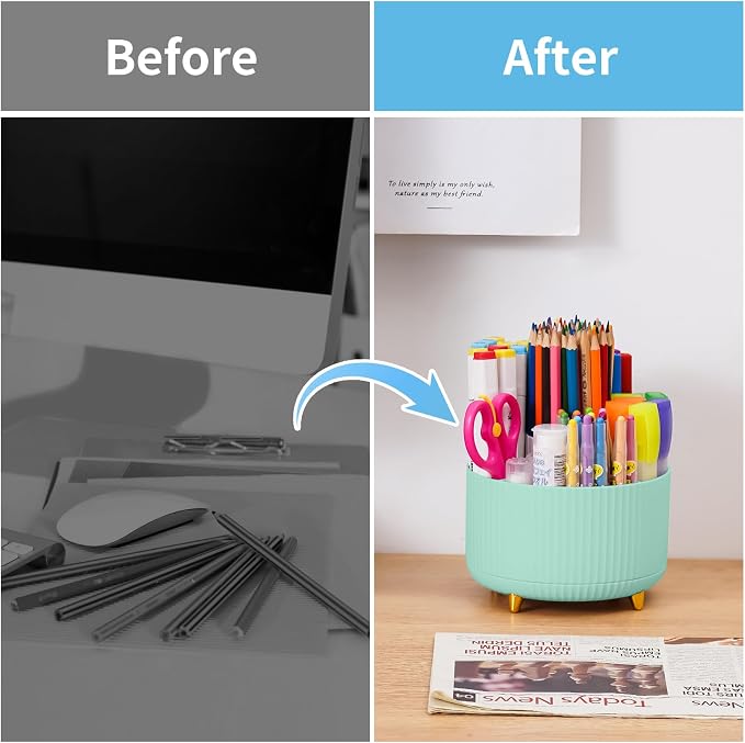 Marbrasse Desk Organizer, 360-Degree Rotating Pen Holder, Desk Organizers and Accessories with 5 Compartments Pencil Holder, Art Supply Storage Box Caddy for Office, Home (Mint Green)