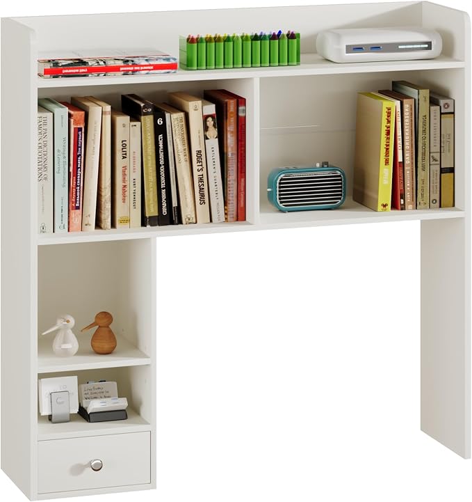 ChooChoo Desktop Bookshelf, 36.4" Tall Countertop Desk Hutch with 5 Shelves and 1 Drawer for Computer Desk, Desk Shelf Organizer for Dorm Office Home,White
