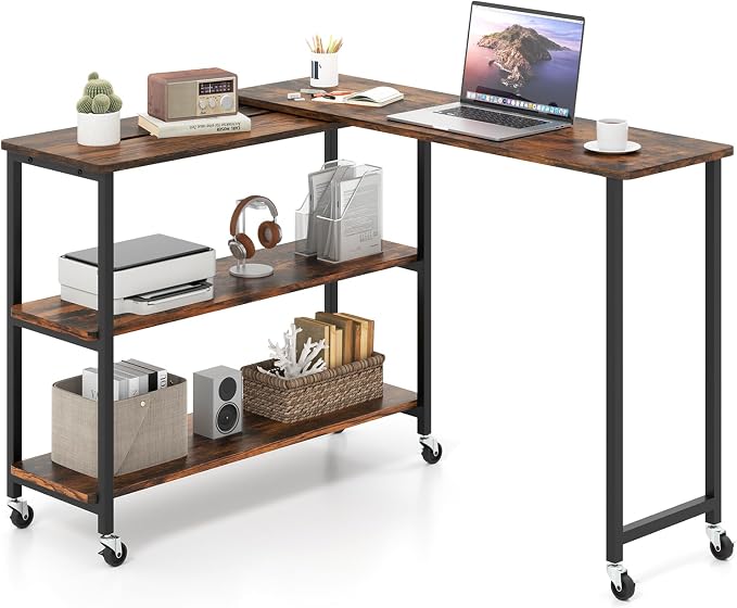 Tangkula Large 360° Free Rotating Sofa Side Table, Patented Mobile Couch Desk with 2-Tier Storage Shelves, Movable Laptop Desk with Sturdy Metal Frame, Extendable Couch Snack Table for Home Office