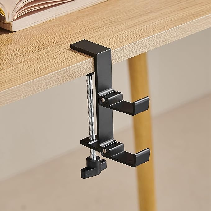 Heavyrain Desk Edge Headphone Holder and Bag Hook, Clamp-On Design, No Drill Installation, Metal, Black