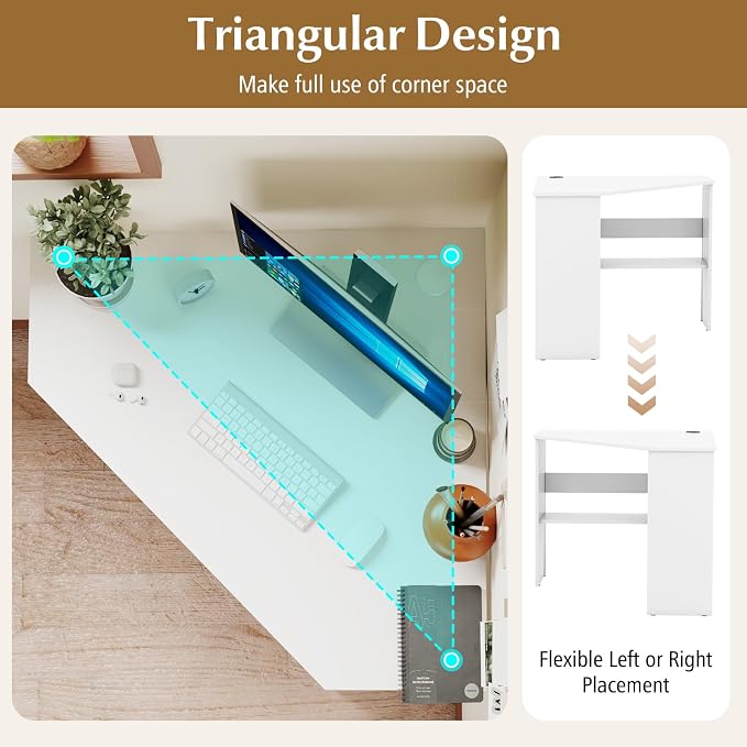 NAFORT Triangular Corner Desk with Storage Shelves and Cable Holes, Space Saving Writing Desk, Multi Functional Workstation for Home Office, Bedroom, PC Laptop Computer Table, White