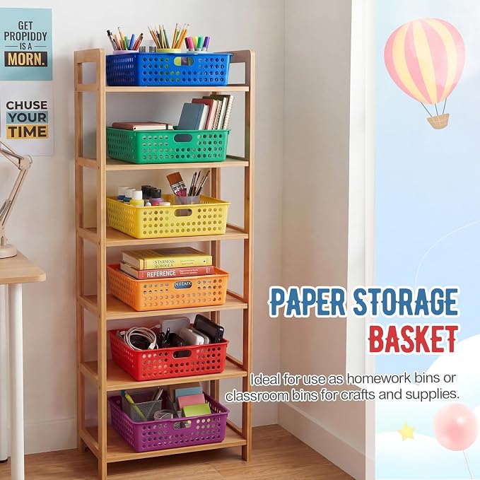 Geetery 12 Pack Classroom Storage Baskets with Handle 14''x10'' Paper Tray Holds A4 Turn in Trays Plastic Paper Baskets Desk Organizer Bin for Classroom, Library, Office, Home (Rainbow Color)