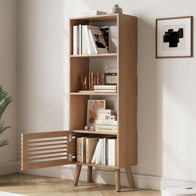 Furnify Small Narrow Corner Bookcase, 55" H Mid-Century Modern Bookshelf with Slatted Door, 4 Cube Bookcase with Open Shelf, Display Storage Cabinet for Living Room, Home Office, Oak