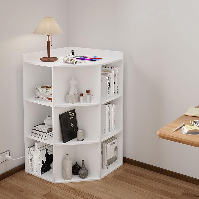 HedoAjim Corner Cabinet, Corner Storage Shelf with USB Ports and Outlets Industrial Organizer for Small Space Wooden 9-Cubby Bookshelf for Study, Playroom, Living Room (White)