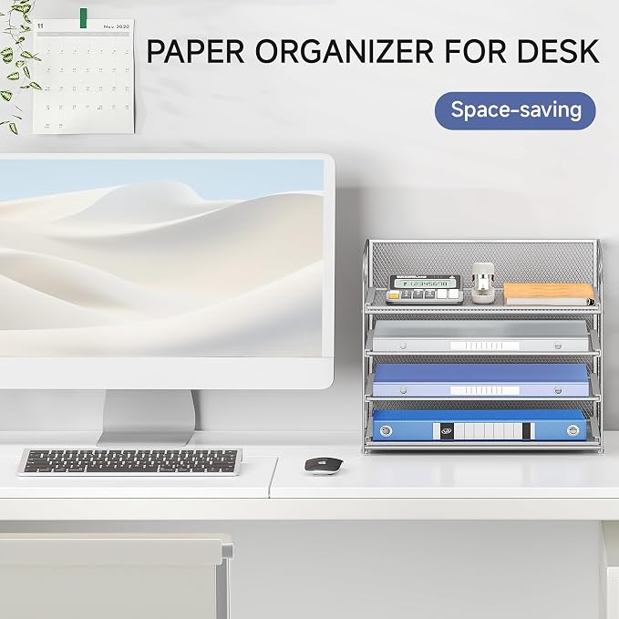 Lavatino 4-Tier Paper Organizer Trays - Silver Mesh File Folder Sorter with Handles, Desk Letter Holder Organizer for Office, Home, School Supplies Storage & Organization