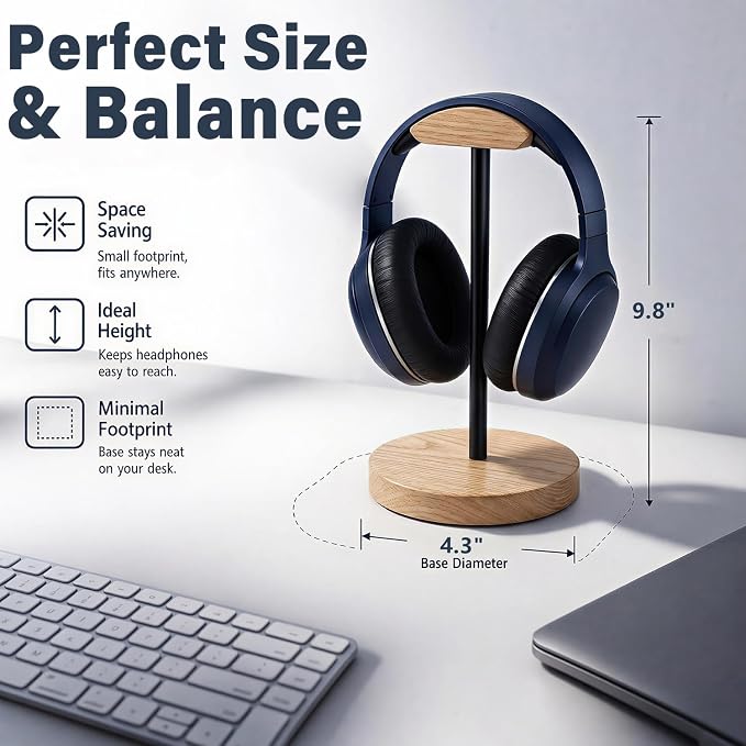 Wood & Metal Headphone Stand, Desktop Headset Holder with Stable Non-Slip Bamboo Base, Universal Headphone Hanger for Gaming Headsets, Office Desk, Home, Gift
