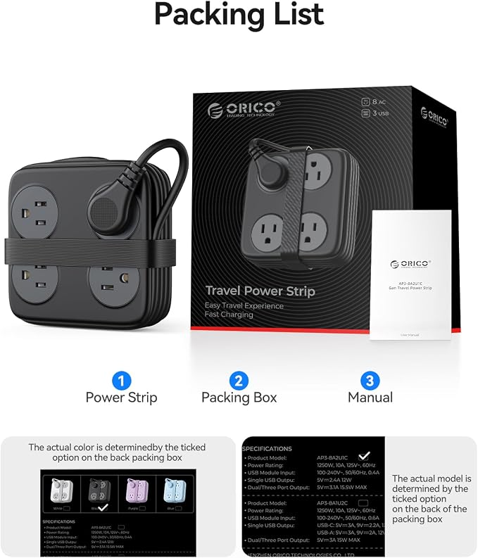 5 Ft Extension Cord with 3 USB Ports, ORICO Power Strip for Desktop, 4 Side Outlet Extender(8 AC) & Flat Plug, 11 in 1 Charging Station for Home/Office/Dorm -AP3 PRO