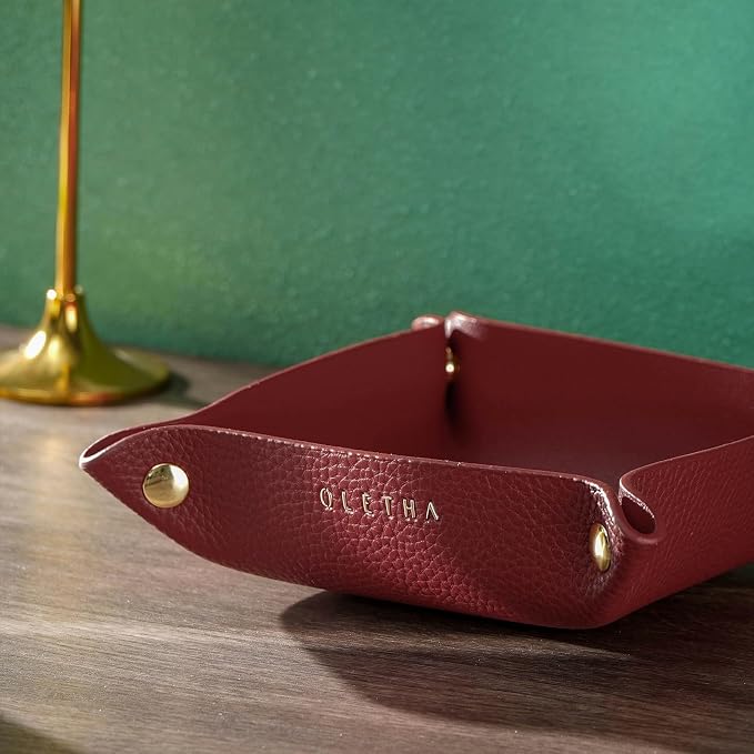 OLETHA Small Foldable Valet Tray - Aesthetic Desk Organizer for Home, Office & Travel - Portable Catch All Bowl for Keys, Jewelry & Essentials - Red
