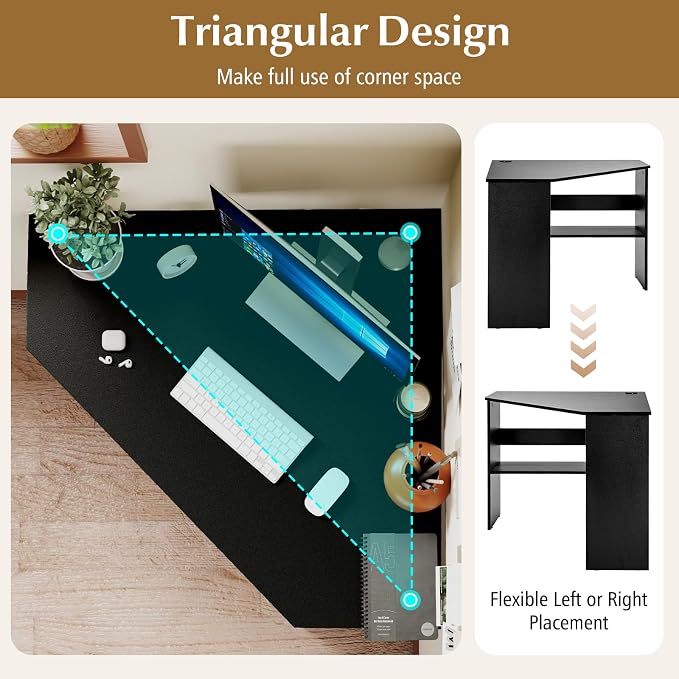 NAFORT Triangular Corner Desk with Storage Shelves and Cable Holes, Space Saving Writing Desk, Multi Functional Workstation for Home Office, Bedroom, PC Laptop Computer Table, Black
