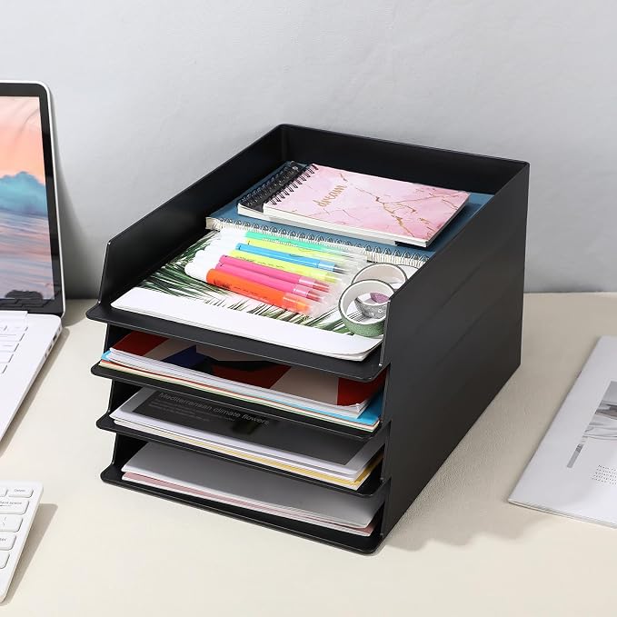 Wenqik 6 Pcs Stackable Paper Trays Rectangular Plastic Desk Holder Desktop Document File Organizer Storage Letter for Office Classroom (Black)