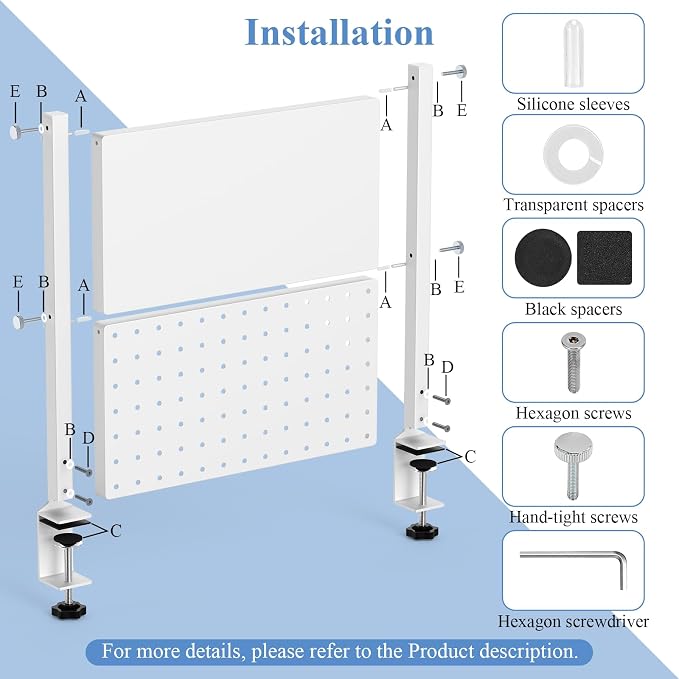 Jumyee 2-Tier Side/Top Clamp On Desk Shelf With Magnetic Pegaboard(White) | Flip Pegboard Tray & Magnetic Accessories, No-Drill White Desk Shelf with 6 Hooks for Home Office Gaming Accessories