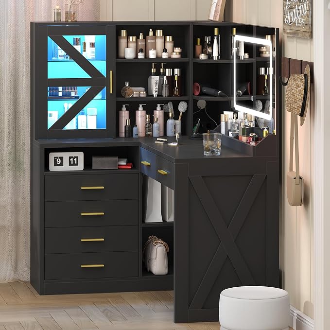 L-Shaped Corner Vanity Desk with LED Lighted Mirror & Charging Station, Black Makeup Vanity with 6 Drawers & Sliding RGB Cabinet, Large Farmhouse Dressing Table with Open Storage Shelves for Women