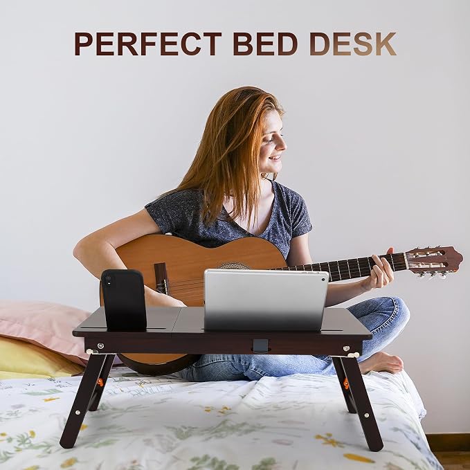 Nnewvante Laptop Desk, Height & Angle Adjustable Lap Desk Bed Tray Table, Foldable Laptop Table with Drawer, Mouse Pad, Tablet & Phone Slots for Working Reading Writing Eating, Black Walnut