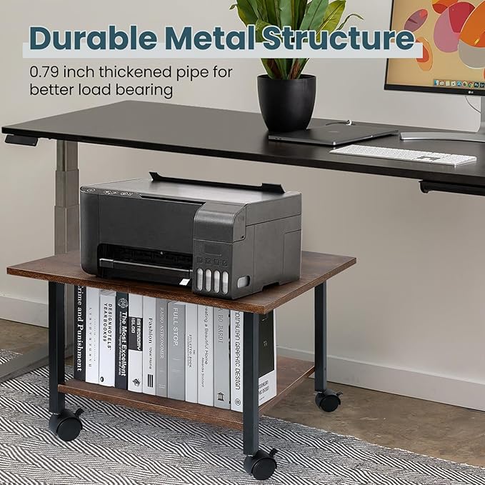 SwaaVee Printer Stand, 2-Tier Under Desk Printer Stand, Printer Cart with Wheels for Home, Office, Heavy-Duty Storage Shelf, Rustic Brown