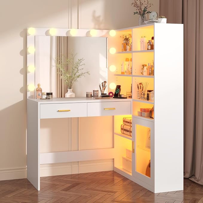 Corner Vanity Desk with Lighted Mirror & 9 Open Storage Shelves, L-Shaped Vanity with Charging Station & RGB Cabinet, White Makeup Vanity with Drawers, Large Makeup Desk with Storage for Bedroom