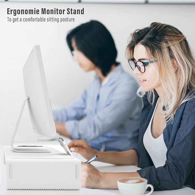 OImaster Monitor Stand Riser with Drawer - Adjustable Foldable Computer Monitor Stand for Desk, Desktop Organizer with Phone Holder & Pen Slot, Space Saving Laptop Riser for Home Office, White