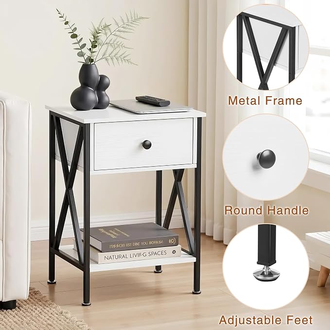 VECELO Night Stand with Drawer, 2 Tiers Storage Shelves End Table, Small Side Table for Small Spaces,Night Stand for Living Room, Bedroom, White
