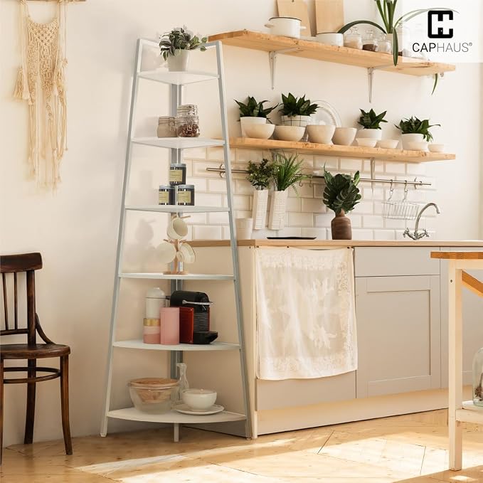 CAPHAUS Tall Corner Shelf Stand, 6-Tier Display Shelves, Ladder Corner Wood Storage Plant Bookshelf with Metal Frame, Versatile Shelving Unit Bookcase for Home Office Space, White