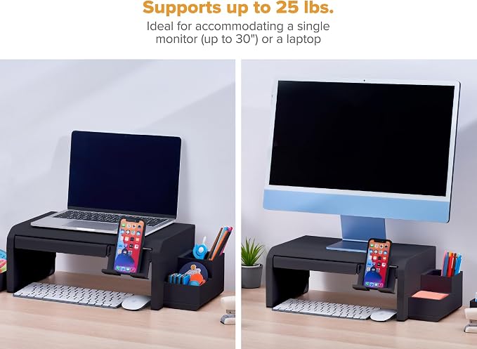 Bostitch Konnect Adjustable Monitor Riser with Drawer, Cell Phone Stand & Pencil Holder, Laptop Stand for Desk, 4 Height Levels, Cable Management & Rubber Feet