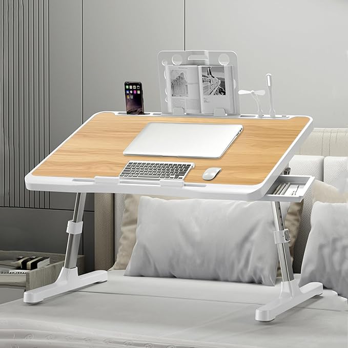 Extra Large 23 Inch Adjustable Laptop Desk for Bed with USB Charging Port, Foldable Bed Table with Storage Drawer, Portable Laptop Bed Desk Tray for Working, Writing, Reading & Eating (Yellow)