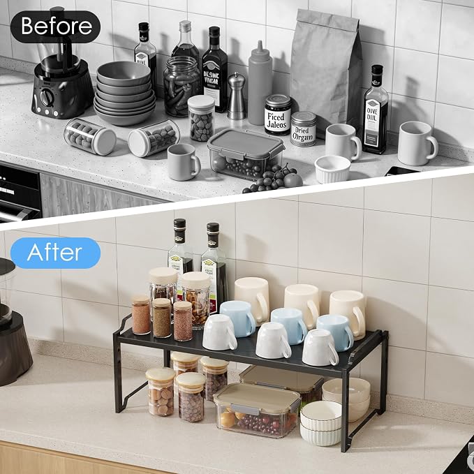 2 Pack 11โ Depth Expandable Kitchen Cabinet Organizer Shelves, Metal Kitchen Countertop Organizers and Storage Shelving, Heavy Duty Stackable Storage Rack Shelf For Pantry Cupboard Counter Tabletop