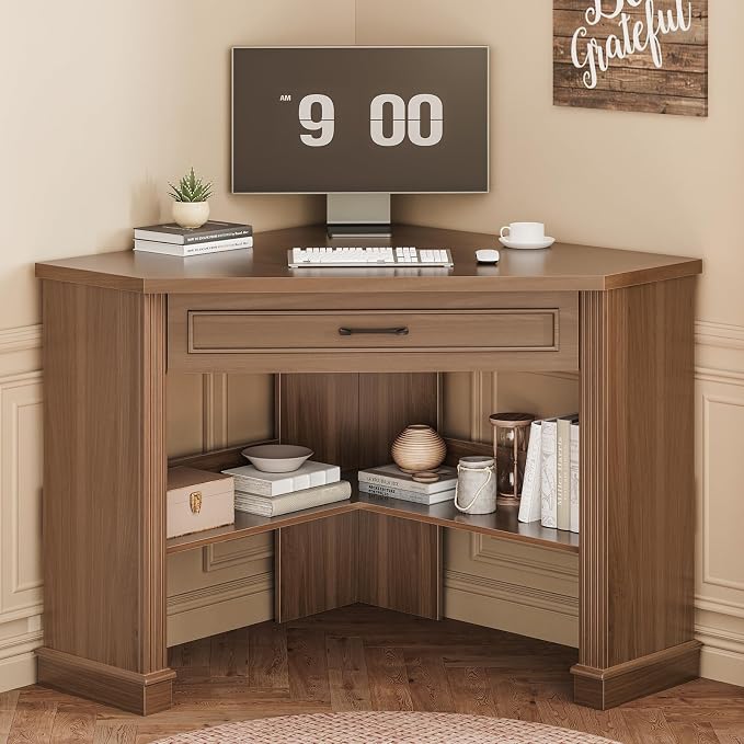 SEDETA Corner Desk for Small Space, Corner Computer Desk, Small Computer Desk with Drawers and Storage Shelves for Home Office, Living Room, Bedroom, Brown