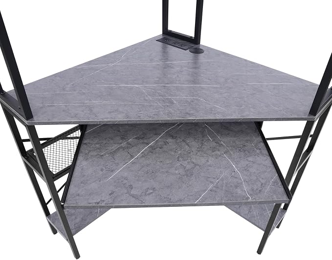 Corner Desk with Hutch, 90 Degrees Triangle Computer Desk w/Keyboard Tray & Bookshelves for Small Space Space Saving Writing Desk w/Storage Shelves for Bedroom Apartment (Gray)