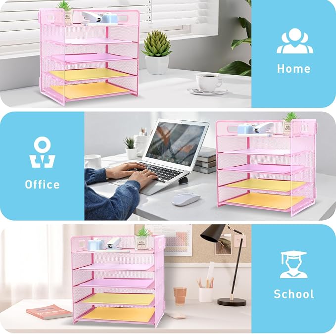 5 Tier Lettrer Tray Organizer with Handle, Metal Mesh Desk File Organizer with Sliding Trays, Paper Sorter Desk for Home Office School, Pink