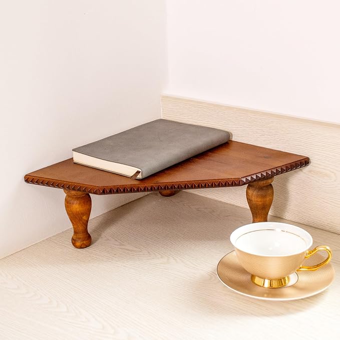 BONNY DODO Wood Vintage Brown Corner Pedestal Stand, Rustic Decorative Riser for Display, Farmhouse Wood Corner Counter Shelf with Cube for Kitchen, Bathroom, Dressing Table (Drah Brown)