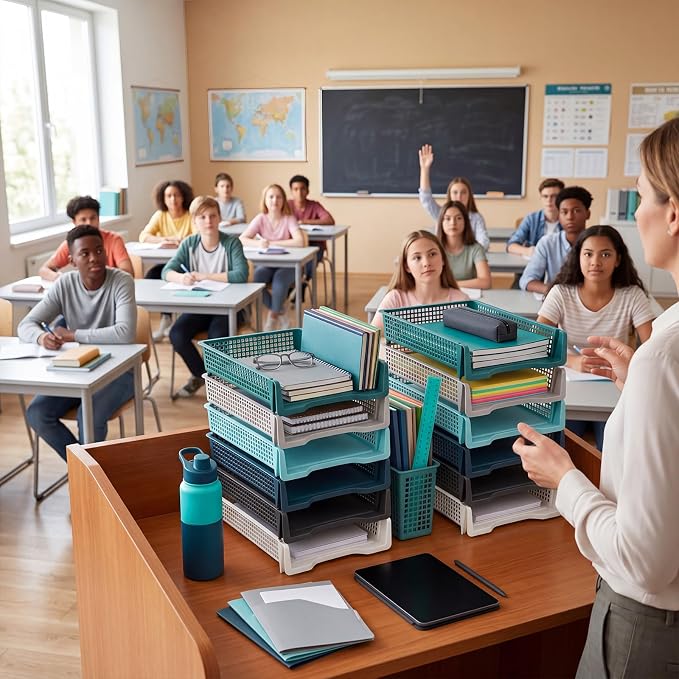 Geetery Set of 12 Plastic Trays for Teachers Turn in Trays Classroom Stackable Paper Tray Plastic Classroom Teachers Desk Letter Organizer Storage Baskets for Office, Desk, Home (Morandi Color)