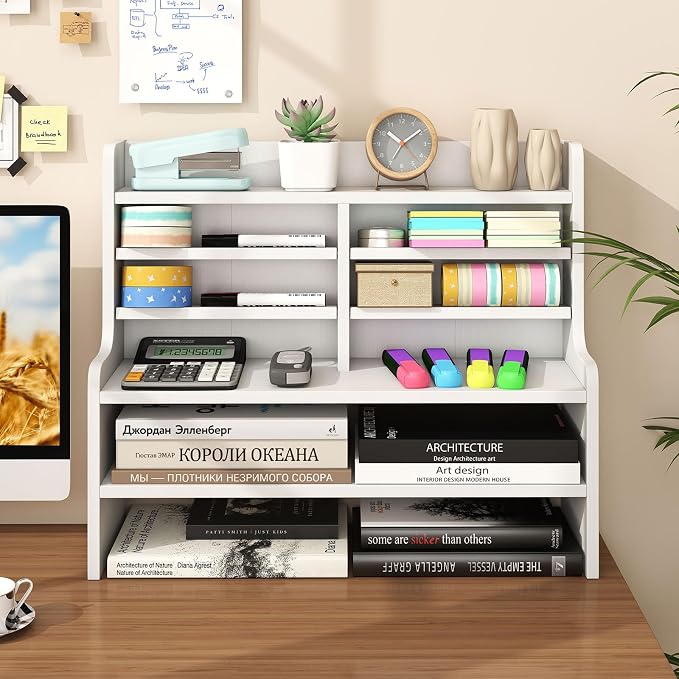 ERGOMASTER Desk Organizer, File Organizer with Multi Tier Storage Cubby Bookshelf, Desktop Organizer for Office Study Dorm Workspace Table Top Storage Rack, White, 19.5” x 6.5” x 16.5”