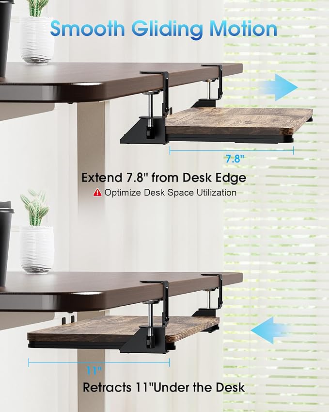 Large Keyboard Tray Under Desk, Pull Out Keyboard & Mouse Tray with Adjustable C-clamp, 25.6(31.5 Including Clamps) x 11.8 Inch Slide Out Computer Keyboard Drawer Mouse Tray for Typing, Brown