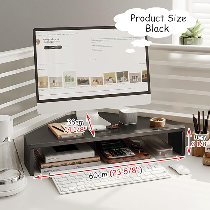 Corner Monitor Stand Wood Cut Triangle Corner Computer Stand, Desk Corner Monitor Riser with Storage Keyboard & Mouse, Screen Stand Office Workspace Organizer ( Color : Black , Size : H-8cm(3 1/8") )
