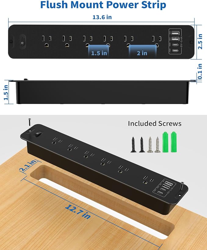 Recessed Power Strip, Flush Mount Power Strip with USB Ports, PD 20W USB C Fast Charging, 6 FT Extension Cord Surge Protector with1800J, Furniture Hidden Outlet for Side Table, End Table
