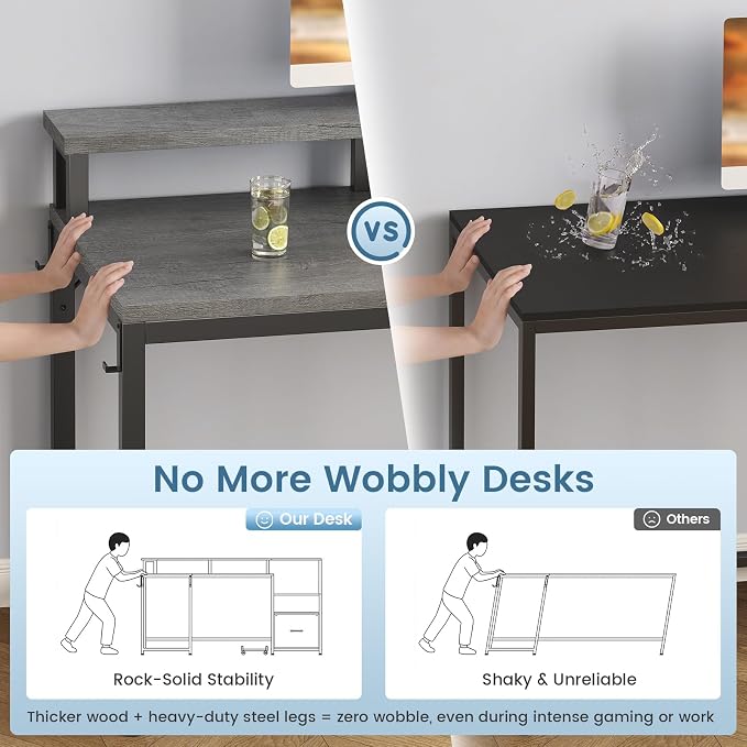 SEDETA L Shaped Desk, 66" Home Office Desk with File Drawer & Power Outlet, Gaming Desk with Led Lights, Corner Computer Desk with Monitor Shelf, Printer Storage Shelves, Two Person Desk, Grey