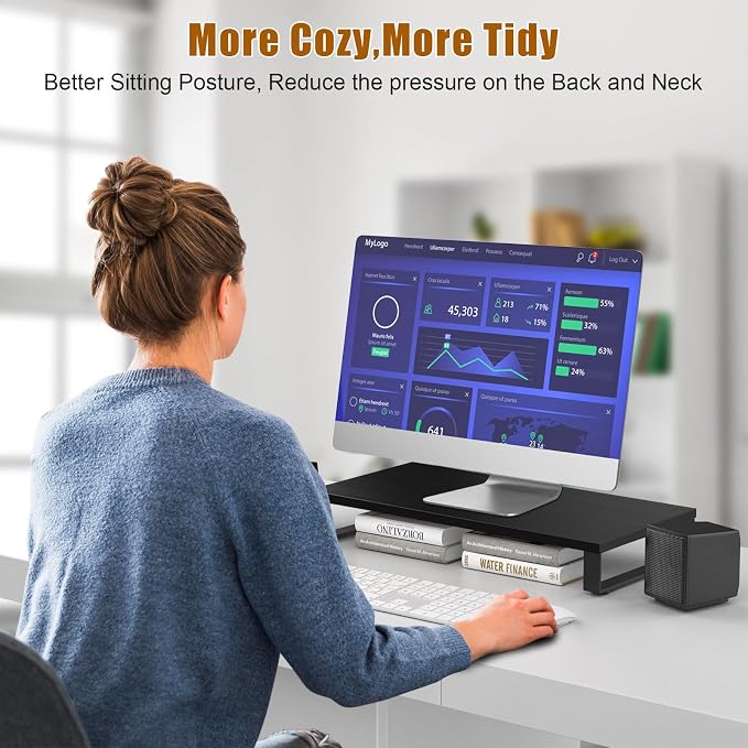 XINYAO Wood Monitor Stand Riser for Desk, 24x12x3 inch, Black | Sturdy wooden & steel computer monitor riser; ergonomic height reduces neck strain; Organizer for Office Laptop, PC, Printer
