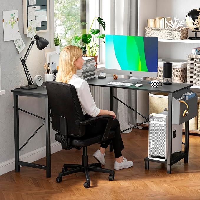 Dkelincs 50-Inch L Shaped Desk, Corner Computer Desk & Gaming Desk for Home Office and Dorm, Sturdy Writing Workstation with CPU Stand and Side Storage Bag (Black)