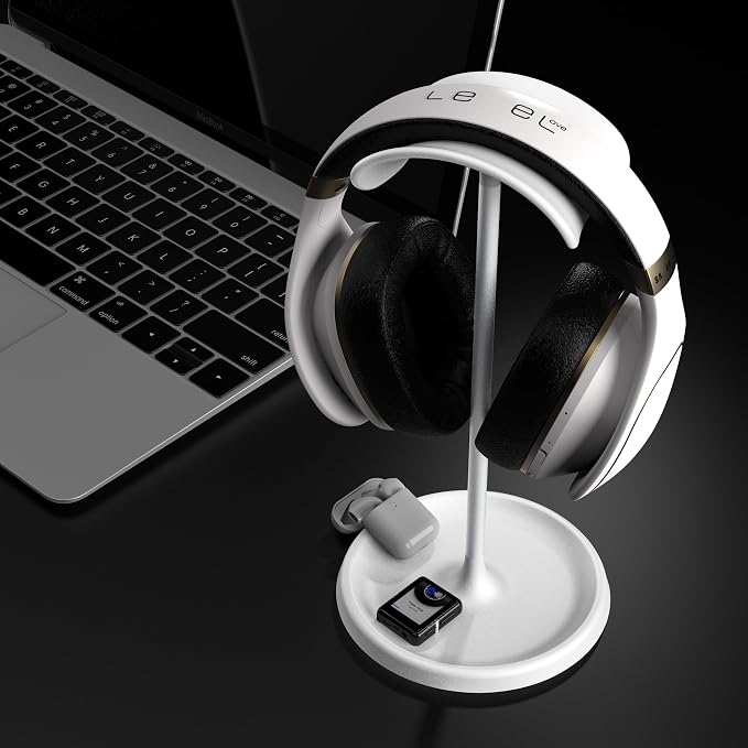 Headphone Stand, Desktop Headset Holder with Headphone Cable Storage Clip, Heavy Duty Gaming Earphone Stand with Base Curved Storage for AirPods Max, Beats, Bose,Sony and More(White)