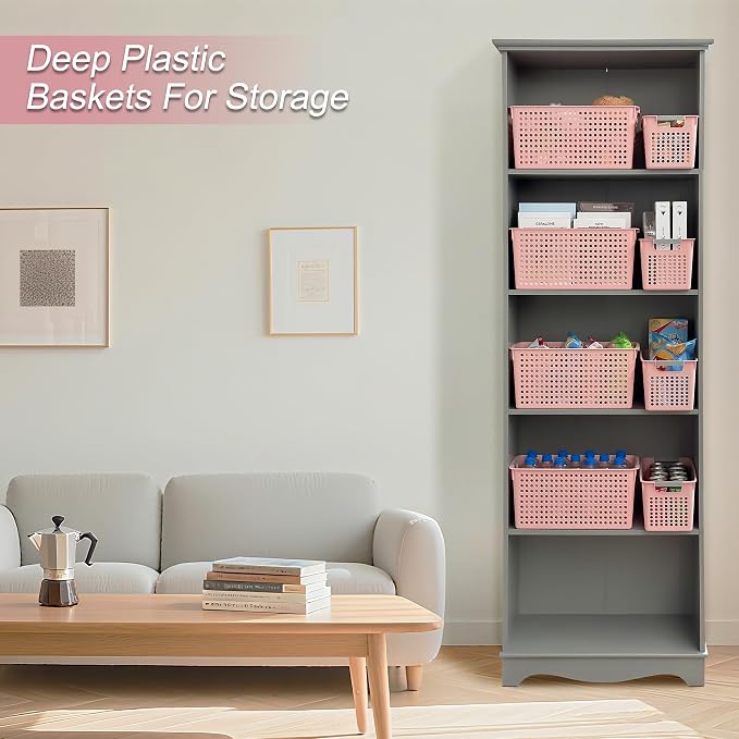 Soddeph Slim Plastic Storage Basket with Handles, Narrow Organizer box for Shelves, Organizer box for Organizing, Kitchen,Home,Office (Pink, Medium)